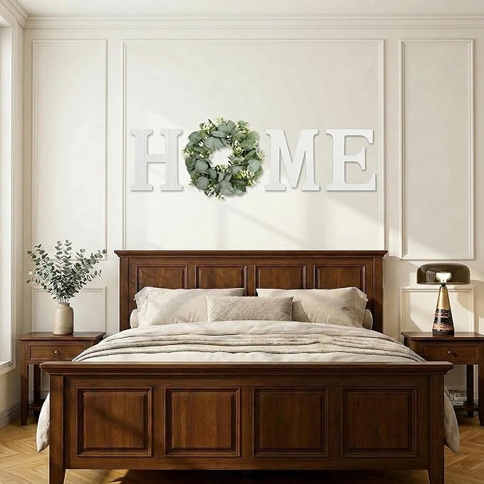 Wood Home Sign with Artificial Eucalyptus Wreath for O, Hanging Farmhouse Wall House Decor Wood Letters for Wall Art Rustic Home Decor, Wall Decor for Living Room Kitchen Entryway (White)