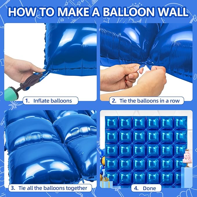 NISOCY 36PCS Blue Square Foil Balloons Wall Backdrop Double Sided Dark Blue Balloons Tunnel Arch Kit for Birthday Baby Shower Graduation Wedding Anniversary Party Decoration