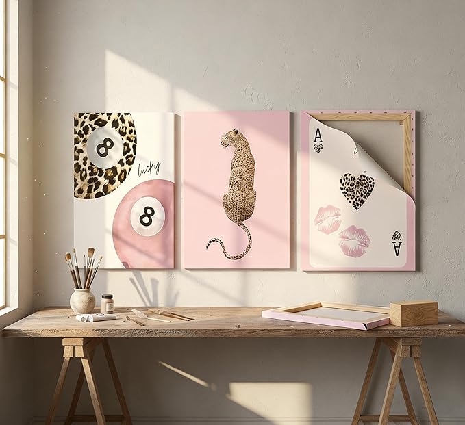 3 Pcs Trendy Pink Preppy Leopard Canvas Wall Art Lucky 8 Ball Playing Card Painting Picture Wall Decor Pink Coquette Funky Cheetah Poster Print Artwork for Girls Bedroom Living Room Apartment Home Decoration