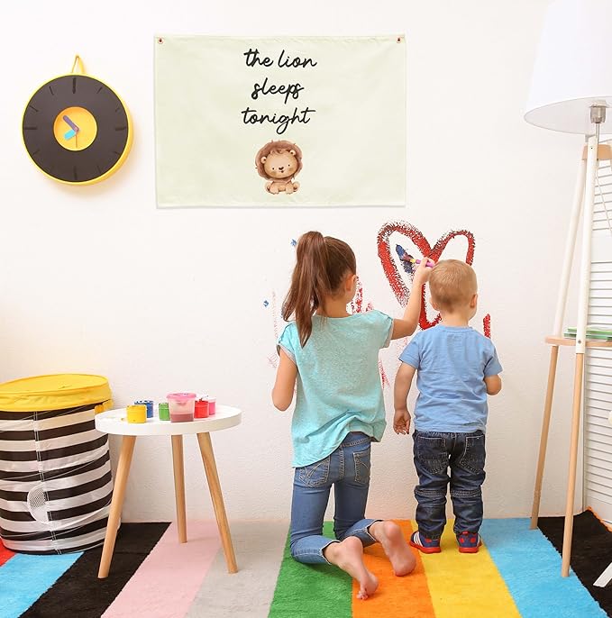 Nursery Rectangular Canvas Banner Wall Decor for Nursery Bedroom Decor-Poster Flag Sign Wall Art for Baby Toddler Kids,Baby Shower Birthday Easter Christmas Gift-The Lion Sleeps Tonight