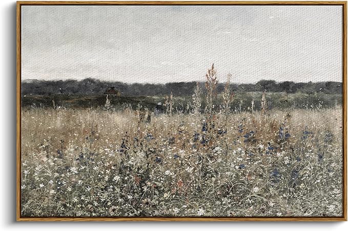 InSimSea Framed Canvas Wall Art Vintage Decor, Landscape Wall Art, Meadow with Flowers Art, Modern Farmhouse Decor, Cottagecore Bedroom Bathroom Office Decorations, 24"x36"