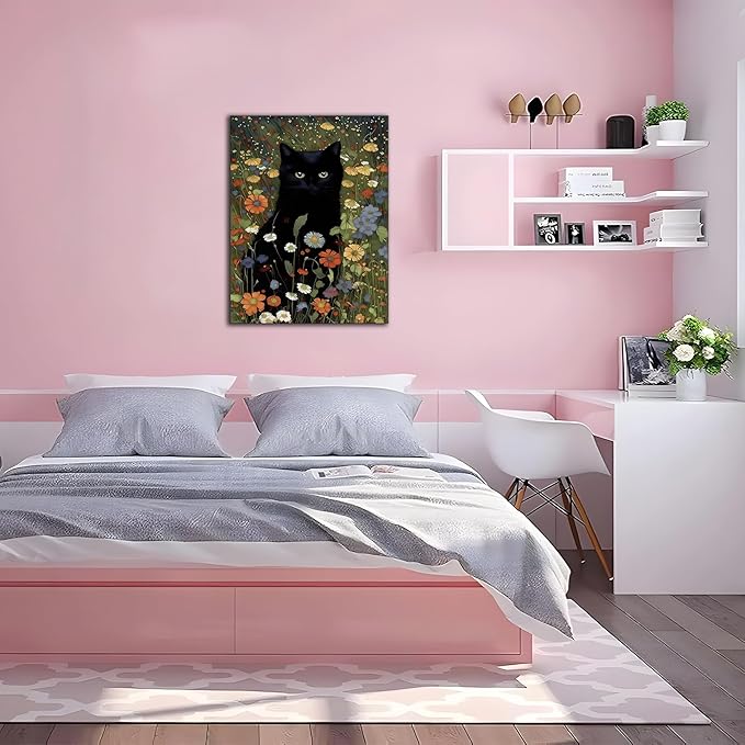 Framed Cat Canvas Wall Art, Funny Black Cat Picture Wall Decor, Animal In Garden Flowers Prints Poster for Bathroom Bedroom Living Room Gallery Decor 12x16 inch
