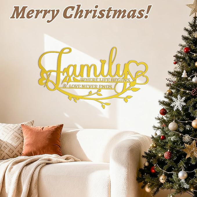 Family Signs Metal Wall Art Home Decor, Golden Family Where Life Begins Love Never Ends Sign Modern Wrought Iron Hanging Door Plaque Words Letters Decoration for Living Room Photos Dining Room Bedroom Housewarming Christmas