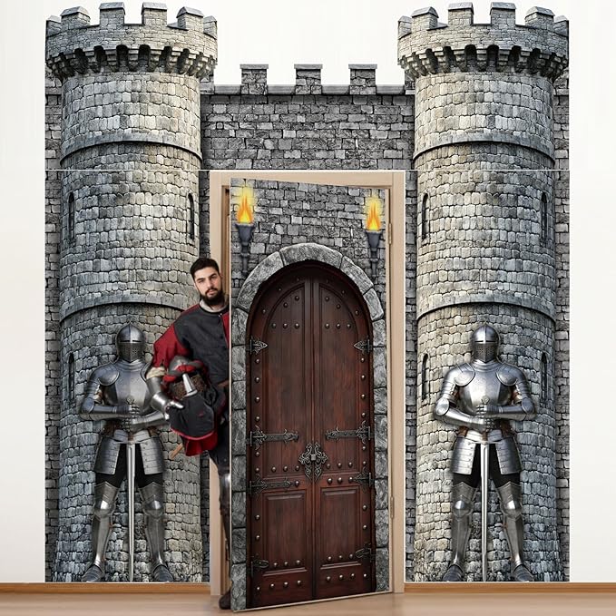 4 Pcs Medieval Door Decorations Set Knight Castle Door Covers Stone Tower Castle Hanging Banners for Medieval Knight Theme Classroom Office Home Party Photography Photo Background Decoration