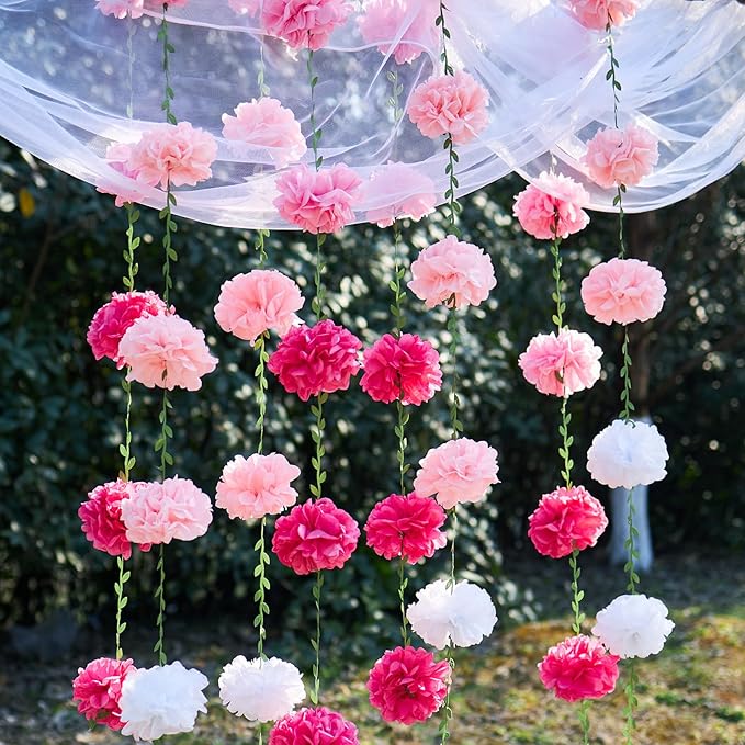 4 Pcs Gradient Pink Tissue Paper Pom Pom Garlands, Paper Flowers for Birthday Decorations, Baby Shower, Wedding Engagement, Bridal Shower, Spring Summer Party Decorations