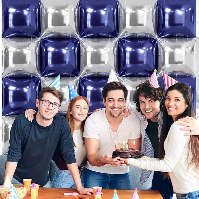 NISOCY 25PCS Blue Silver Square Foil Balloons Wall Backdrop Double Sided Navy Blue Silver Balloons Arch Kit for New Year Birthday Graduation Wedding Baby Bridal Shower Anniversary Party Decorations