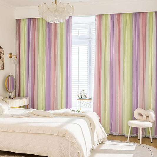XiDi Pink Yellow Purple Blackout Curtains for Girls Bedroom 2 Panels Blackout Rainbow Curtain with Sheer Overlay Unicorn Wall Decals Drapes for Kids Nursery Room Grommet 52 Inches Wide 96 Inches Long