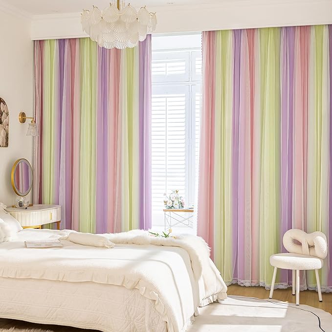 XiDi Girls Blackout Curtains for Bedroom 96 Inch Length 2 Panels Pink Yellow Purple Rainbow Blackout Curtains with Sheer Overlay for Little Girl Kids Room Decor Living Room Grommet Drapes 52W x 96L