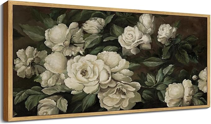 SHENIFY Vintage Framed Wall Art Rose Flower Landscape Painting Retro White Floral Scenery Farmhouse Kitchen Living Room Decor - 8x16in Natural Framed