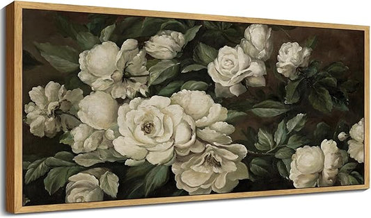 SHENIFY Vintage Framed Wall Art Rose Flower Landscape Painting Retro White Floral Scenery Farmhouse Kitchen Living Room Decor - 8x16in Natural Framed