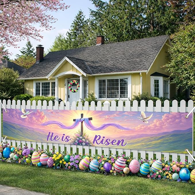 He Is Risen Easter Banner Christian Resurrection Spring Decor 118×20 inch Religious Cross Sunrise Scene Banner for Church Yard Fence Door Wall Indoor Outdoor Easter Display