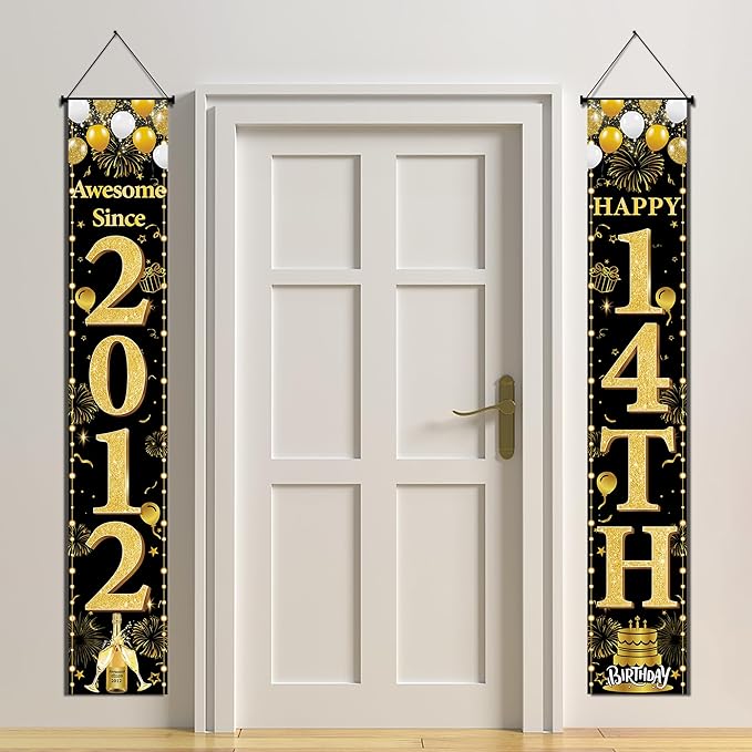 14th Birthday Decorations Boys Girls - Black Gold Awesome Since 2012 Door Banner Porch Wall Decor Backdrop For 14 Year Old Indoor Outdoor Party Supplies