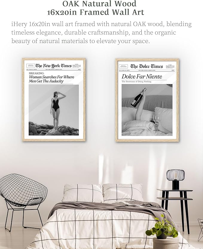 iHery Framed Trendy NewsPaper Wall Art, Large 16x20in Canvas Wall Art,Beige OAK Wood Retro Vintage Magazine Artwork,Woman Searches For Where Men Get The Audacity,Bedroom Bathroom Decor 1Pack