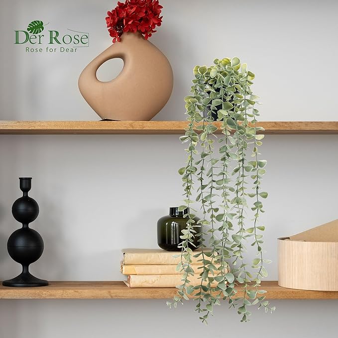 Der Rose 1Pcs Fake Plants Hanging Artificial Potted Faux Eucalyptus Plants for Modern Boho Farmhouse Bathroom Office Desk Wall Book Shelf Living Room Aesthetic Decor Indoor