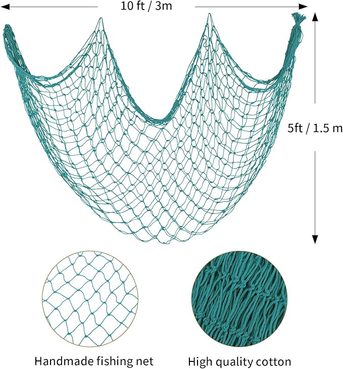 ZUEXT Aqua Decorative Fishing Net 5x10 ft, 3 Pack Large Picture Fish Net, Wall Photo Hanging Fishnet Decor for Nautical Mermaid Pirate Ocean Themed Hawaii Beach Under the Sea Party Decorations