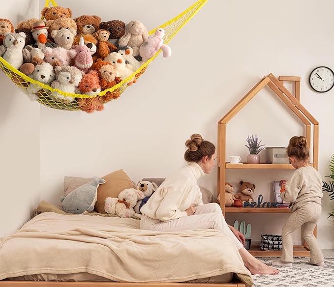 Stuffed Animal Storage Hammock Net Corner - Large Toy Hammock Net for Stuffed Animals Room Decor - Cute Stuff Animal Organizer Holder for Plush Plushie - Kids Baby Nursery Wall Bedroom Home Decor