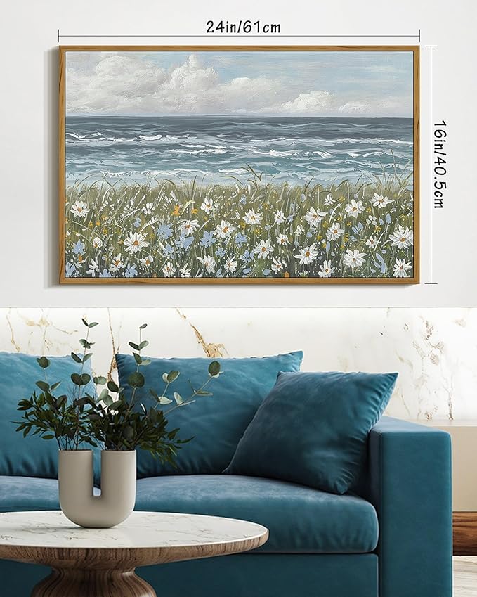 SHENIFY Vintage Landscape Framed Wall Art Sea Coastal Wildflower Field Scenery Farmhouse Decor Retro Painting for Living Room Bedroom Ready to Hang Wall Artwork - 16x24in Natural Framed