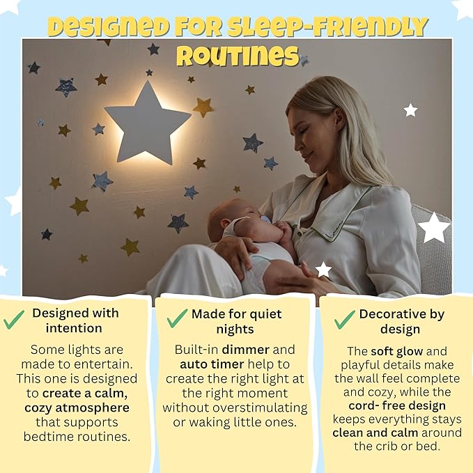 Star Wall Light for Nursery – Crib and Toddlers Night Light - Rechargeable & Dimmable Warm Light - 106 Pcs Moon and Star Decals Included