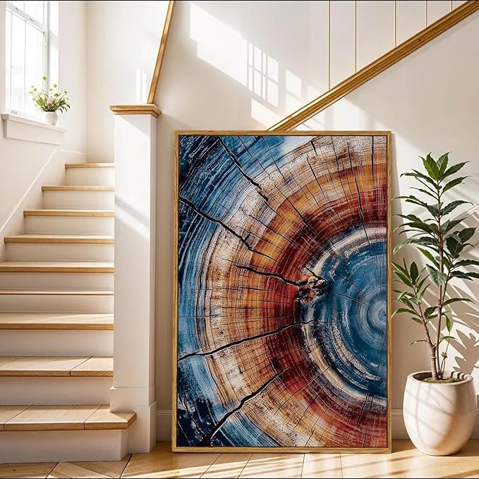BingruiArt Large Framed Tree Ring Wall Art Blue and Red Boho Wall Decor Nature Print Wood Canvas Rustic Artwork Abstract Painting Modern Picture for Living Room Bedroom Bathroom 24"x36" Natural Framed(01)