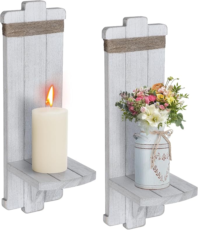 Farmhouse Wall Decor Candle Sconces - 2 Pcs Rustic Scandinavian Handmade Wooden Wall-Mount Candle Holders for Bedroom Living Room Bathroom Home Hanging Art Decorations Accessories Gifts, Grayish White