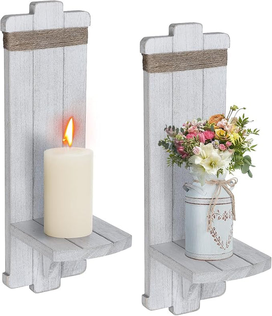 Farmhouse Wall Decor Candle Sconces - 2 Pcs Rustic Scandinavian Handmade Wooden Wall-Mount Candle Holders for Bedroom Living Room Bathroom Home Hanging Art Decorations Accessories Gifts, Grayish White