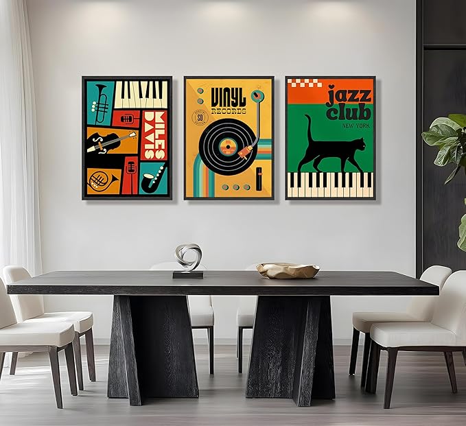 JWDXNOOK 3pcs Retro Jazz Music Wall Art Vintage Vinyl Records Paintings Musical Instruments Black Cat on Piano Canvas Prints Poster for Living Room Bedroom Music Room Decor Unframed