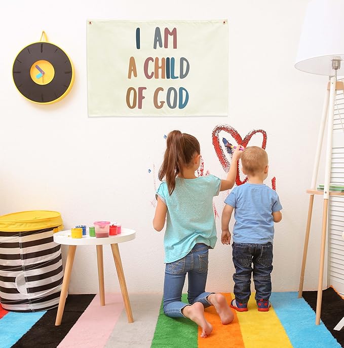 Rectangular Christian Bible Verse Scripture Canvas Banner Wall Decor Flag Sign for Baby Girl Kids,Nursery Bedroom Nursery Wall Decor,Baby Shower Baptism Christmas Gift-I Am A Child Of God