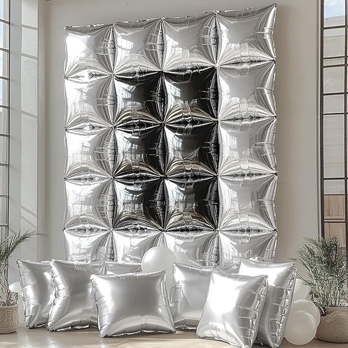 NISOCY 25PCS Black Silver Square Foil Balloons Wall Backdrop Double Sided Black Silver Balloon Arch Kit for New Year Birthday Wedding Graduation Anniversary Party Decorations
