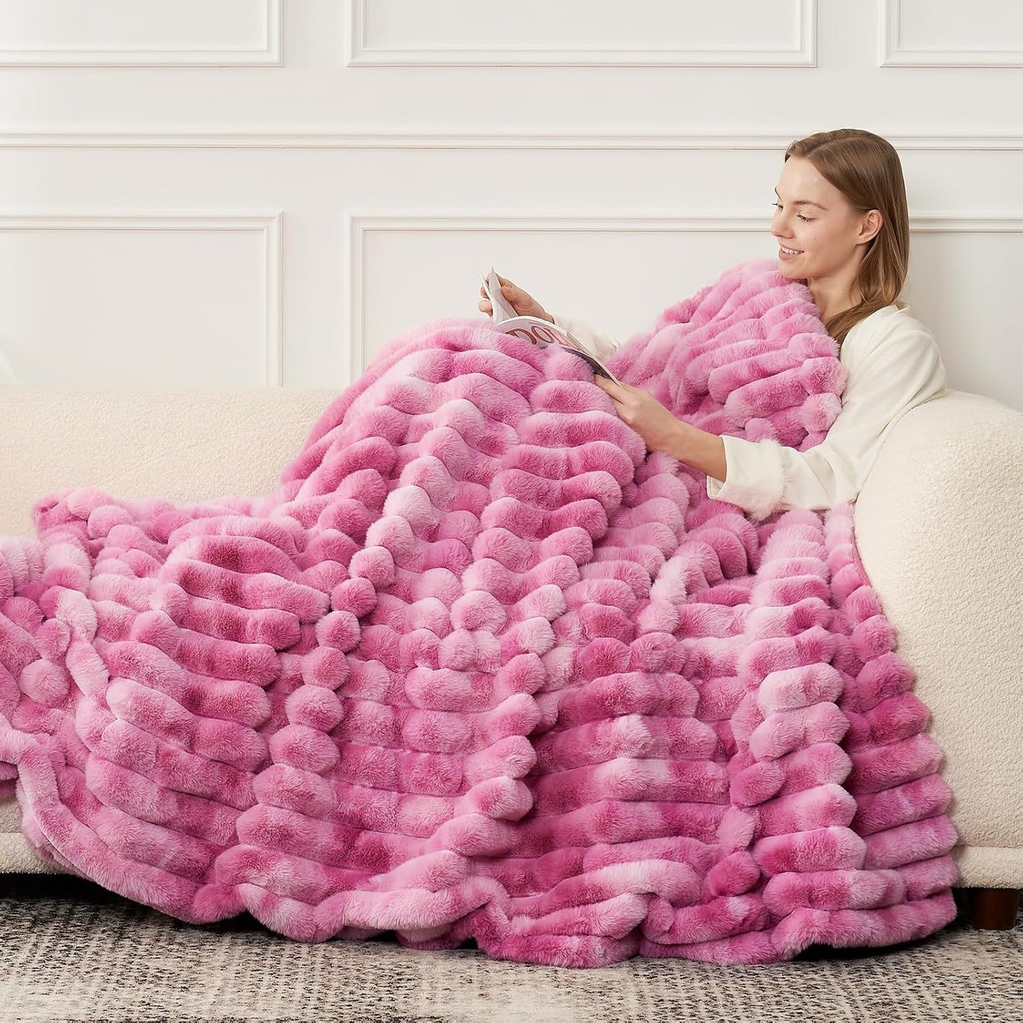 Cozy Bliss Faux Fur Throw Blanket for Couch, Cozy Warm Plush Striped Blanket for Sofa Bedroom Living Room,60 * 80 Inches Tie-dye Pink