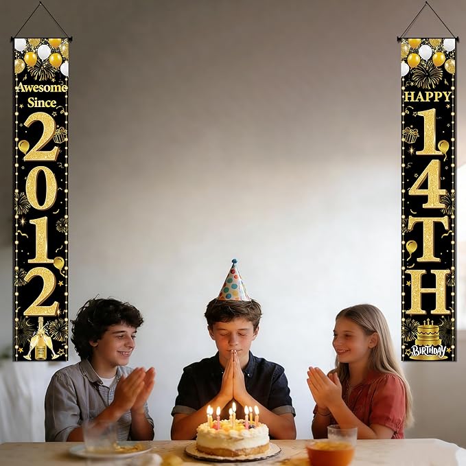 14th Birthday Decorations Boys Girls - Black Gold Awesome Since 2012 Door Banner Porch Wall Decor Backdrop For 14 Year Old Indoor Outdoor Party Supplies