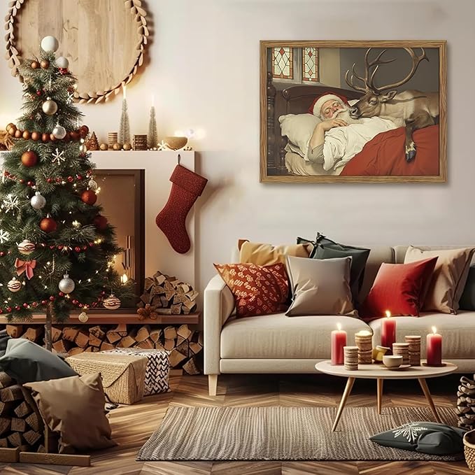 Framed Santa Christmas Wall Decor, Vintage Santa Reindeer Wall Art, Rustic Christmas Pictures Decor, Winter Holiday Paintings Artwork, Christmas Canvas Print for Home Decorations – 12x16in