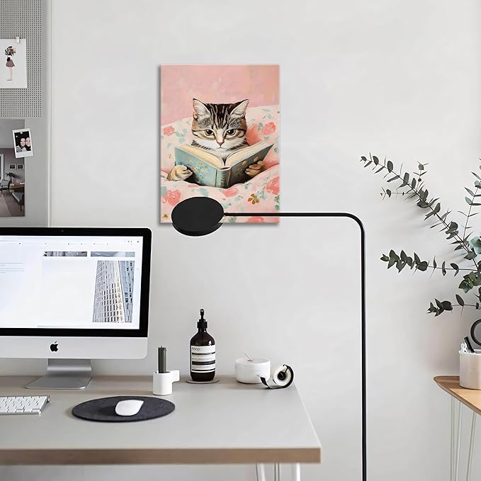 Framed Cats Canvas Wall Art, Funn Tabby Cat Reading Books Picture Wall Decor, Pink Vintage Animal Poster Prints for Girls Room Bedroom Kids Room Living Room Bathroom Decor 12x16 inch