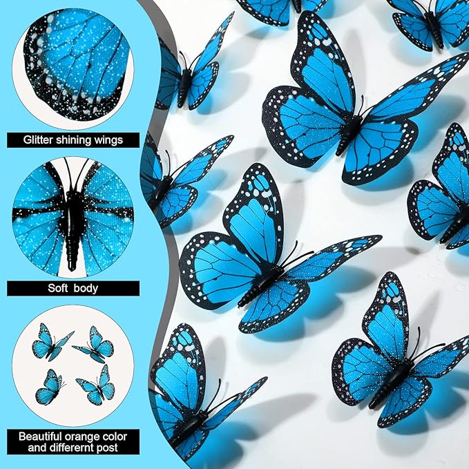 Chuangdi 48 Pcs Blue Monarch Butterfly Decorations 3 Size Fake Butterflies Realistic Butterfly Craft Artificial Mariposas Wall Decor for Craft Wedding Home Birthday Party (3.2inch,4inch,4.7inch)