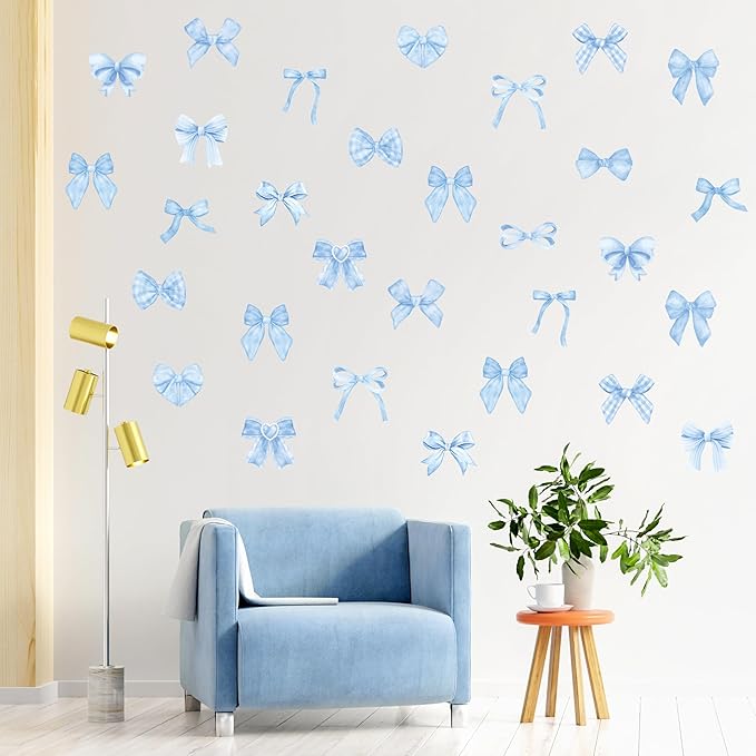 A1diee Blue Bow Wall Stickers - 60Pcs Trendy Light Blue Watercolor Coquette Aesthetic Wall Stickers Bow Knot Baby Room Decor Vinyl Decals Art Wallpaper for Boys Girls Bedroom Kindergarten Nursery