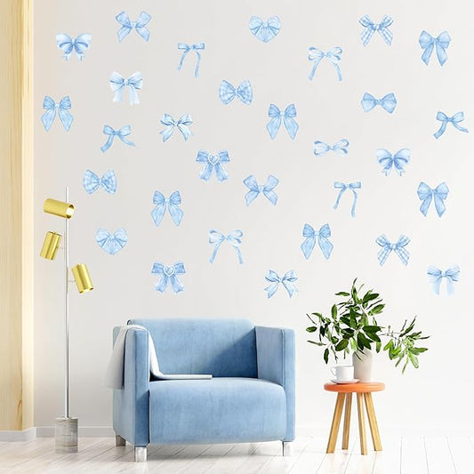 A1diee Blue Bow Wall Stickers - 60Pcs Trendy Light Blue Watercolor Coquette Aesthetic Wall Stickers Bow Knot Baby Room Decor Vinyl Decals Art Wallpaper for Boys Girls Bedroom Kindergarten Nursery