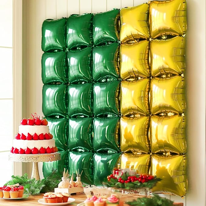 NISOCY 25PCS Christmas Balloons Green Gold Square Foil Balloon Wall Backdrop Double Sided Deep Green Gold Balloons Arch Kit for Birthday New Year Graduation St. Patrick's Day Party Decorations
