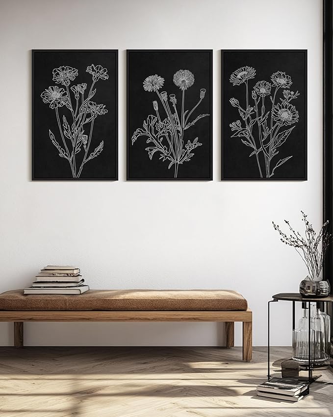 Drsoum Vintage Boho Botanical Flower Wall Art Framed Retro Floral Wall Prints Wildflower Neutral Rustic Bohemain Artwork Kitchen Bedroom Ready to Hang 24x36in Black Framed