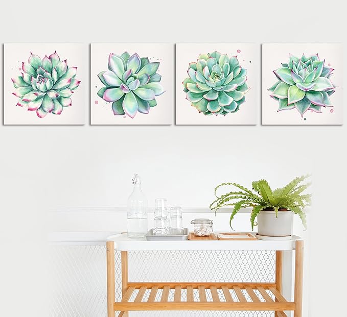 YOOOAHU Home Wall Art Decor Succulent Plants Simple Life Canvas Paintings Posters Prints 24" x 24" 4 Pieces Watercolor Hand-Drawn Green Leaf Framed Nature Pictures for Living Room Kitchen Decorations