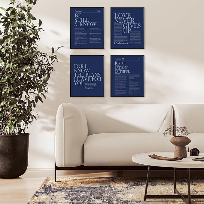 Locomiss Navy Blue Christian Wall Art Decor, Modern Bible Verse Prints, Minimalist Jesus Scripture Wall Decor, Inspirational Bible Posters for Bedroom Office Living Room, Set of 4 (8x10 Unframed)