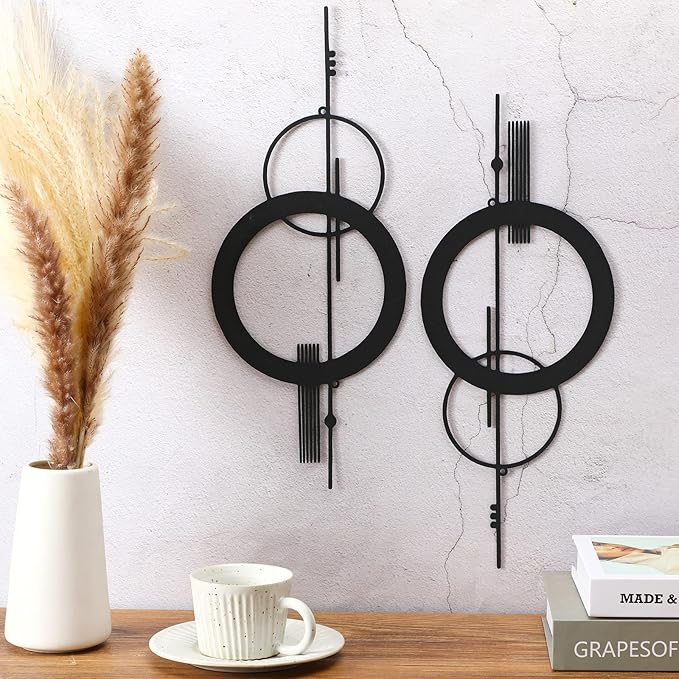 Peryiter 2 Pcs Small Metal Abstract Wall Art 15.7 Inch Black Metal Geometry Wall Decor Minimalist Single Line Art Vertical Sculptures Geometric Modern Hanging for Living Room Bathroom