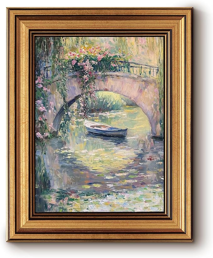InSimSea Gold Framed Canvas Wall Art, Vintage Country Decor, Monet Bridge Pastel Oil Paintings Farmhouse Decor Aesthetic, Small Countryside Prints for Bedroom Living Room Shelf Gift, 8x10inch