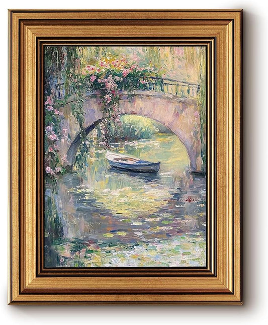 InSimSea Gold Framed Canvas Wall Art, Vintage Country Decor, Monet Bridge Pastel Oil Paintings Farmhouse Decor Aesthetic, Small Countryside Prints for Bedroom Living Room Shelf Gift, 8x10inch