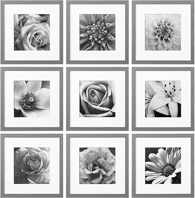 eletecpro 12x12 Picture Frames Set of 9 with Mat for 8x8 Photos or without Mat for 12x12, Square Gallery Wall Decor Collage for Picture Display, Washing Grey Frame Set for Wall Hanging