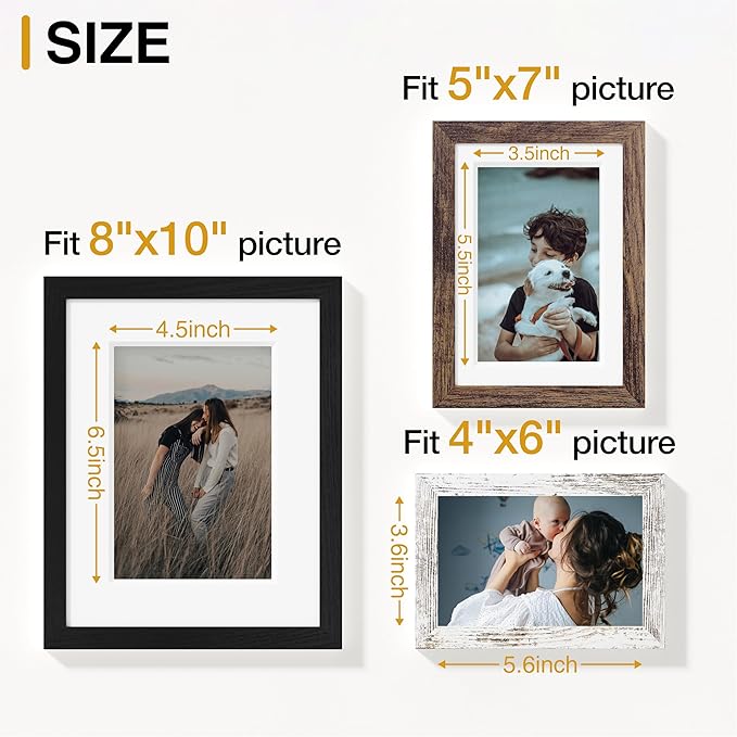 Vittanly 12 Pack Picture Frames Collage Wall Decor for Mounting or Tabletop Display, Multi Sizes Including 4pcs 8x10, 4pcs 5x7, 4pcs 4x6, Black, Brown and Distressed White