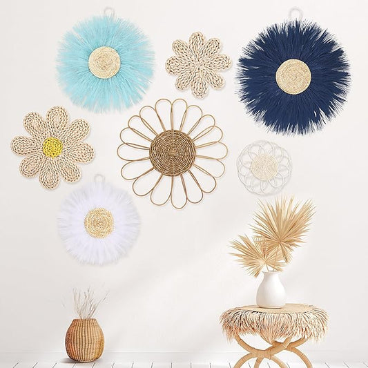 Chunful 7 Pcs Boho Wall Basket Decor Rattan Flower Wall Decor Nursery Daisy Flower Woven Macrame Hanging Flowers for Baby Kids Girls Farmhouse Bedrooms Living Rooms Kitchen Home(Blue)