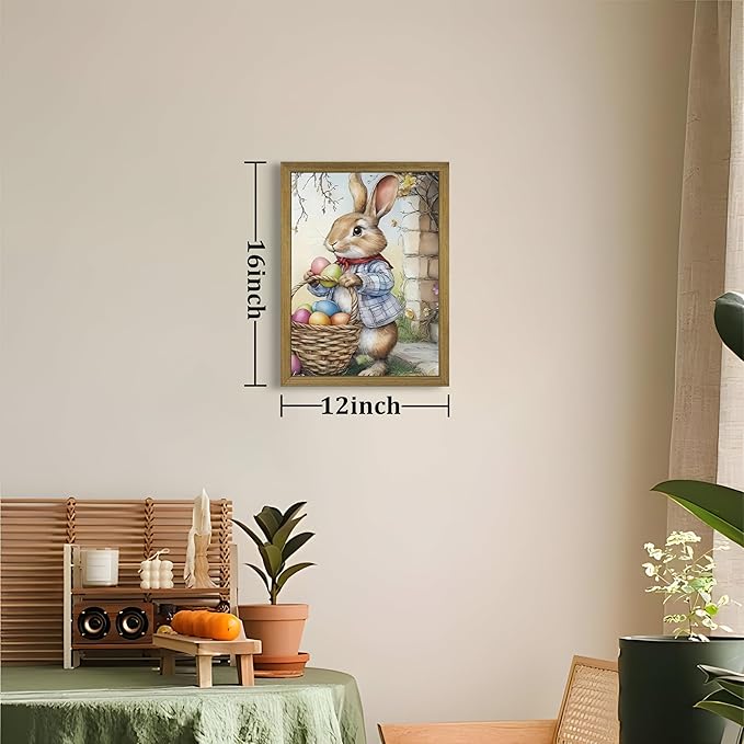 Framed Easter Bunny Wall Art, Cute Rabbit Easter Eggs Canvas Print Paintings, Vintage Holiday Decor Oil Painting, Rustic Farmhouse Spring Animal Wall Decor for Living Room Bedroom Nursery 12x16 Inch