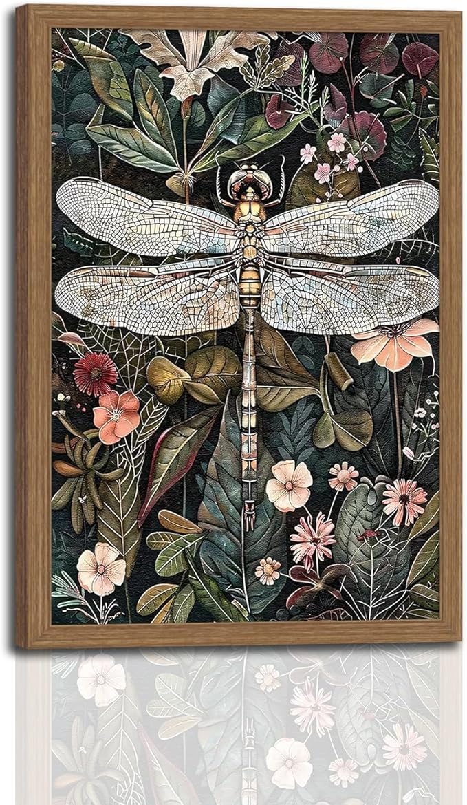 Framed Vintage Wall Art Dark Green Dragonfly Flowers Nature Insect Canvas Painting Picture Print for Living Room Bedroom Home Wall Decor Ready to Hang Wooden frame16x24in