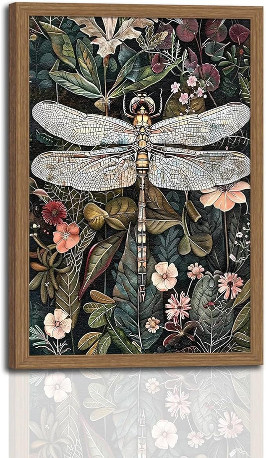 Framed Vintage Wall Art Dark Green Dragonfly Flowers Nature Insect Canvas Painting Picture Print for Living Room Bedroom Home Wall Decor Ready to Hang Wooden frame16x24in