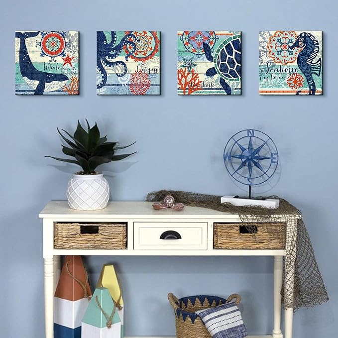 Navy Blue and Orange Ocean Animal Wall Art Toddler Kids Bathroom Beach Themed Decor Cartoon Sea Turtle Octopus Whale Seahorse Canvas Mural Nautical Coastal Pictures Nursery Home Decorations 12x12" 4P