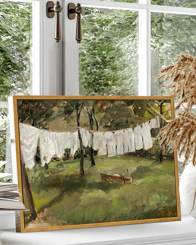 KBKBART Framed Canvas Wall Art Home Decor, Vintage Laundry Room Art Prints Wall Decor, Farmhouse Decor Canvas Oil Painting, Antique Country Landscape Wall Art Prints for Beroom Living Room Bathroom (8"x10")